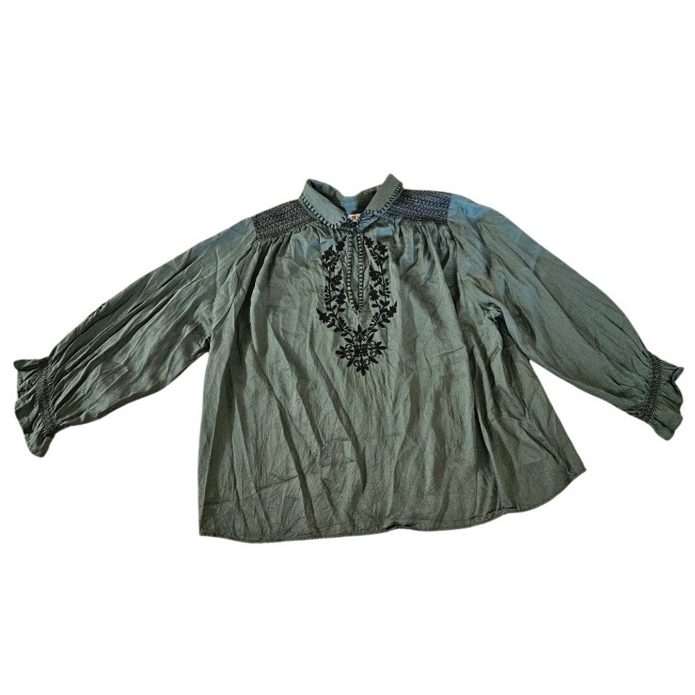 Natural Life Olive Green Embroidered Boho Blouse Modal Smocked Top Large